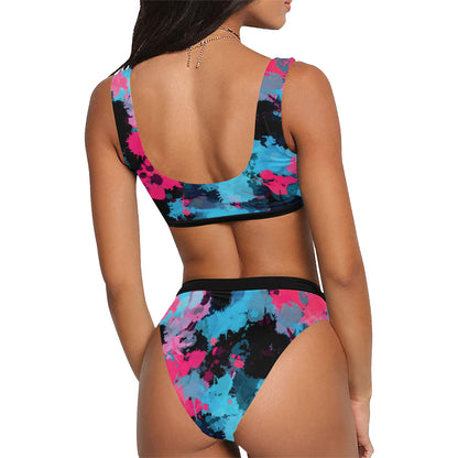 Pink and Blue Paint Splatter Sport Top & High-Waisted Bikini Swimsuit / Rave Set | UV Blacklight Reactive
