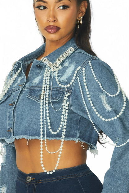 Artemila Pearl & Rhinestone Denim Crop Jacket
