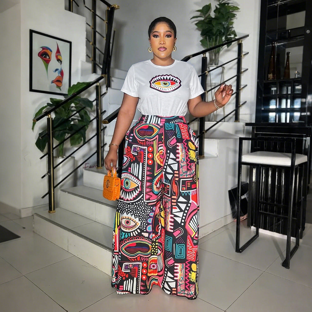 印花兩件式圓領短袖上衣寬鬆舒適長褲寬褲女裝