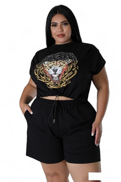 Curvy Two Piece Glitter Tiger Biker Short Set