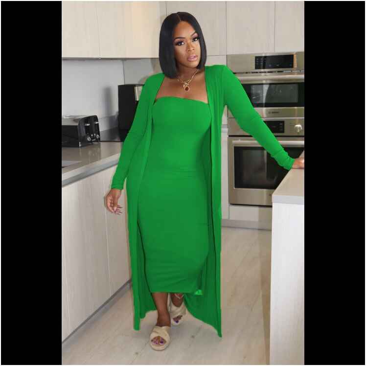 New Autumn Fashion Suit Women Solid Tube Bodycon Dress With Longline Coat Two Piece Set Casual Daily Outfits