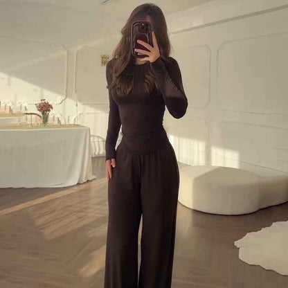 Fashionable Style Round Neck Solid Color Wide Leg Pants Elegant Commute Fashion Set
