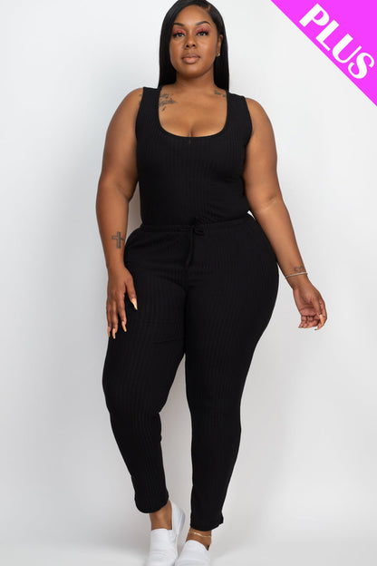 Plus Size Ribbed Sleeveless Drawstring Waist Jumpsuit (CAPELLA)