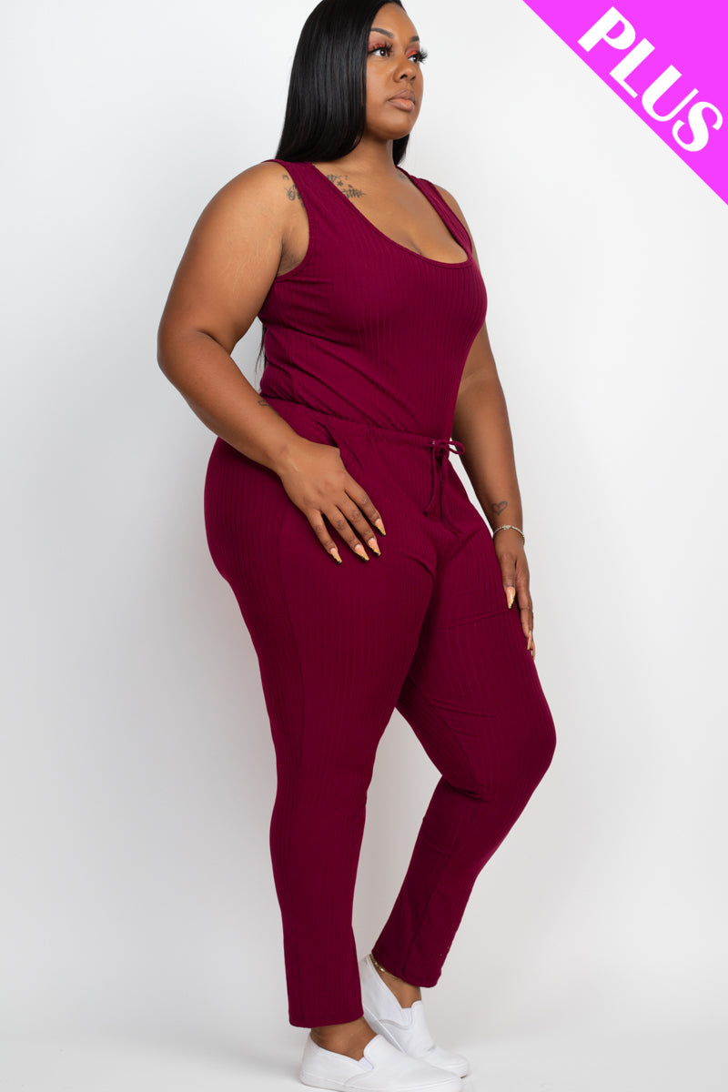 Plus Size Ribbed Sleeveless Drawstring Waist Jumpsuit (CAPELLA)