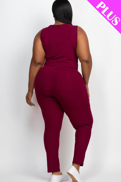Plus Size Ribbed Sleeveless Drawstring Waist Jumpsuit (CAPELLA)