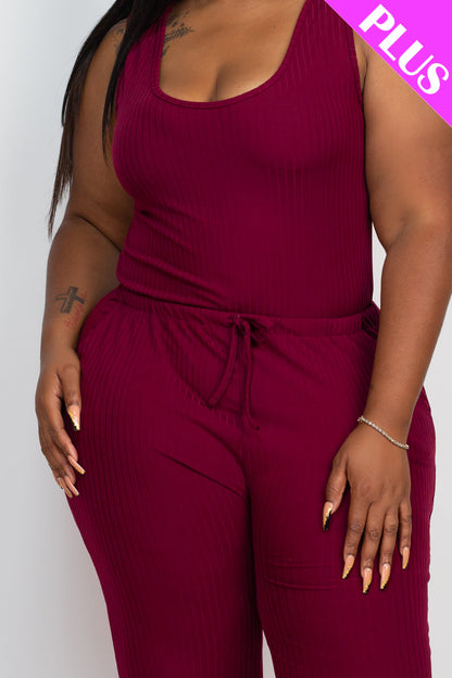 Plus Size Ribbed Sleeveless Drawstring Waist Jumpsuit (CAPELLA)