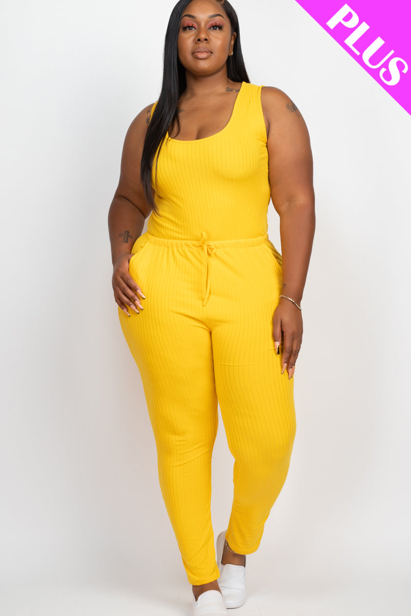Plus Size Ribbed Sleeveless Drawstring Waist Jumpsuit (CAPELLA)