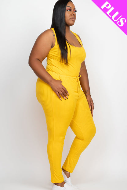 Plus Size Ribbed Sleeveless Drawstring Waist Jumpsuit (CAPELLA)