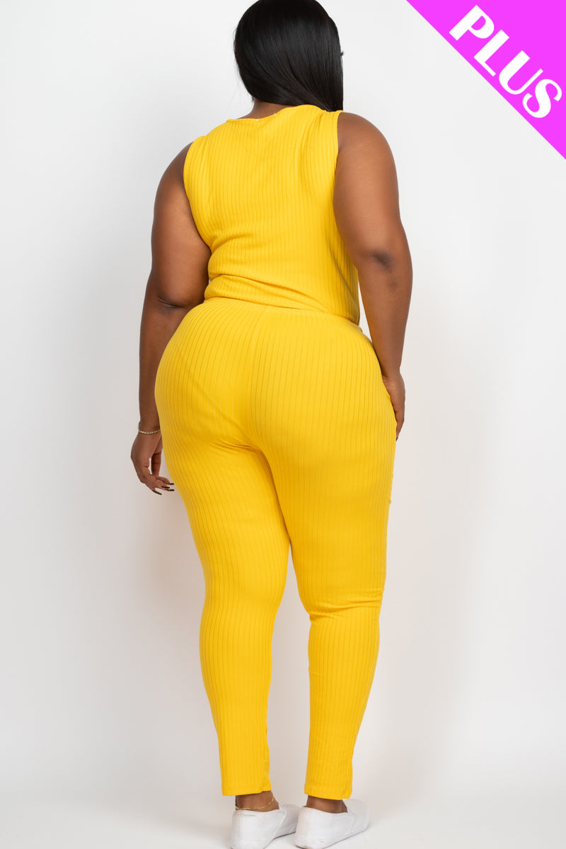 Plus Size Ribbed Sleeveless Drawstring Waist Jumpsuit (CAPELLA)