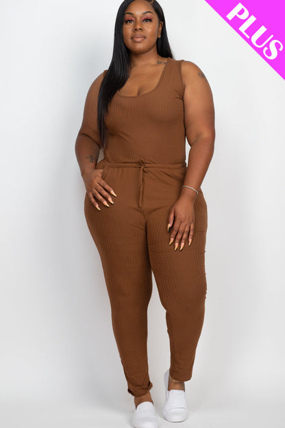 Plus Size Ribbed Sleeveless Drawstring Waist Jumpsuit (CAPELLA)