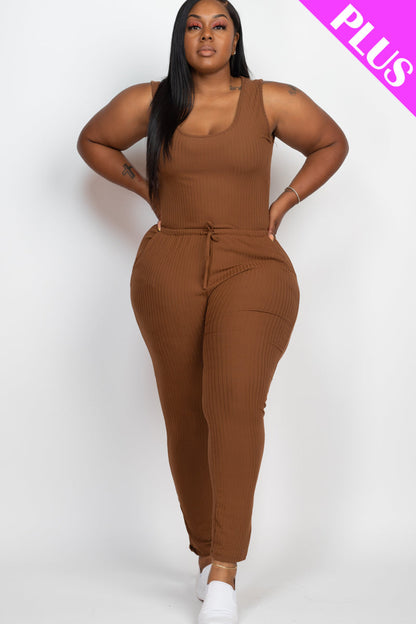 Plus Size Ribbed Sleeveless Drawstring Waist Jumpsuit (CAPELLA)