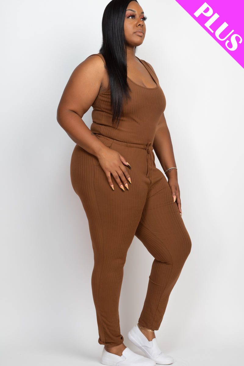 Plus Size Ribbed Sleeveless Drawstring Waist Jumpsuit (CAPELLA)