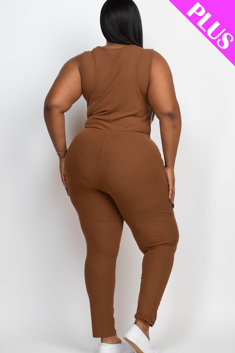 Plus Size Ribbed Sleeveless Drawstring Waist Jumpsuit (CAPELLA)