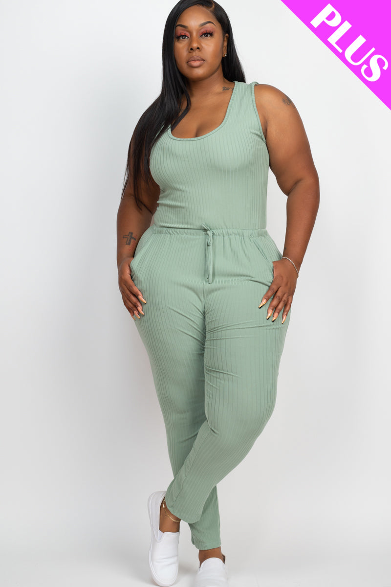 Plus Size Ribbed Sleeveless Drawstring Waist Jumpsuit (CAPELLA)