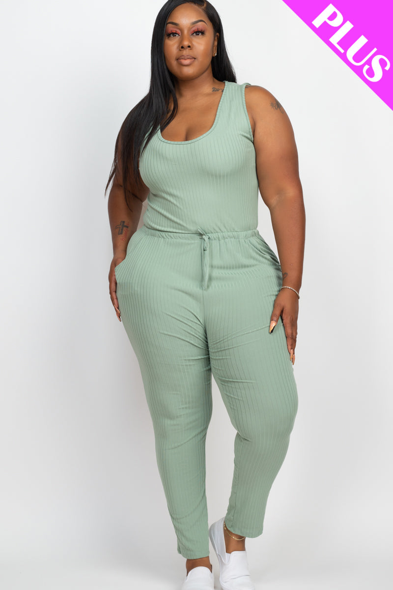 Plus Size Ribbed Sleeveless Drawstring Waist Jumpsuit (CAPELLA)