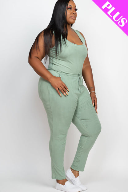 Plus Size Ribbed Sleeveless Drawstring Waist Jumpsuit (CAPELLA)