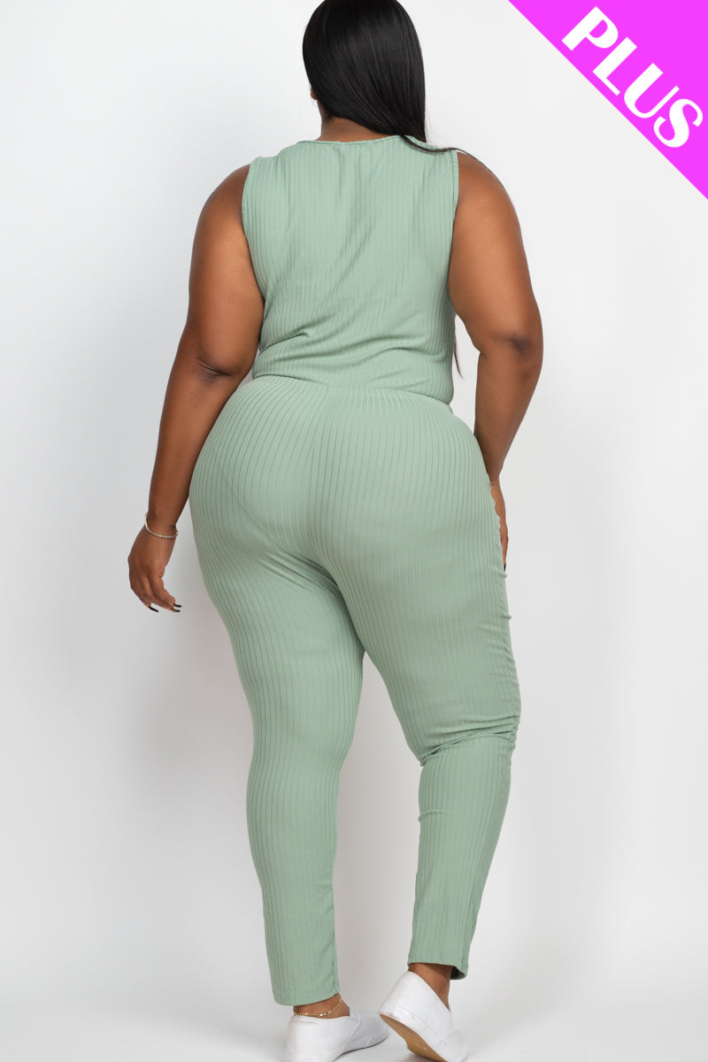 Plus Size Ribbed Sleeveless Drawstring Waist Jumpsuit (CAPELLA)