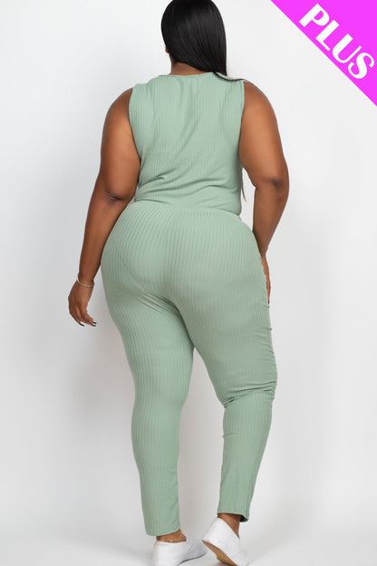 Plus Size Ribbed Sleeveless Drawstring Waist Jumpsuit (CAPELLA)