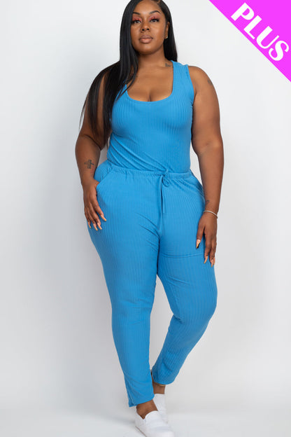 Plus Size Ribbed Sleeveless Drawstring Waist Jumpsuit (CAPELLA)