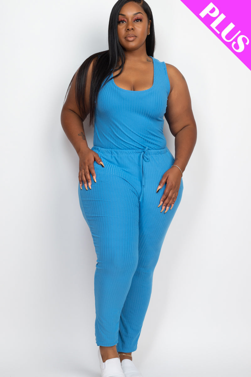 Plus Size Ribbed Sleeveless Drawstring Waist Jumpsuit (CAPELLA)