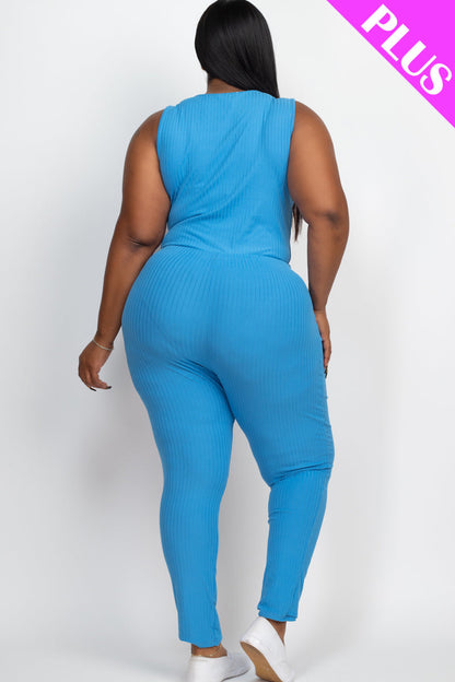 Plus Size Ribbed Sleeveless Drawstring Waist Jumpsuit (CAPELLA)