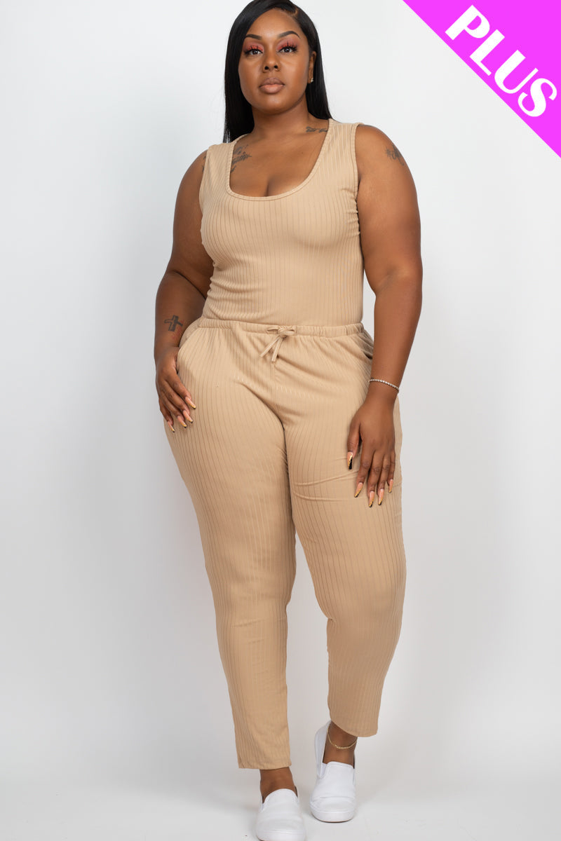 Plus Size Ribbed Sleeveless Drawstring Waist Jumpsuit (CAPELLA)