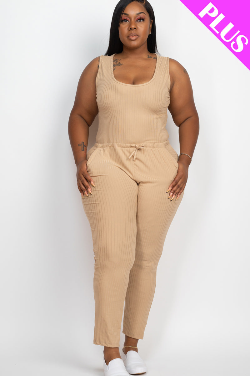Plus Size Ribbed Sleeveless Drawstring Waist Jumpsuit (CAPELLA)