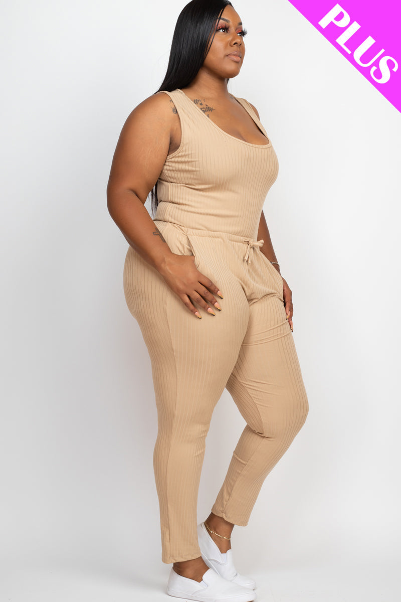 Plus Size Ribbed Sleeveless Drawstring Waist Jumpsuit (CAPELLA)