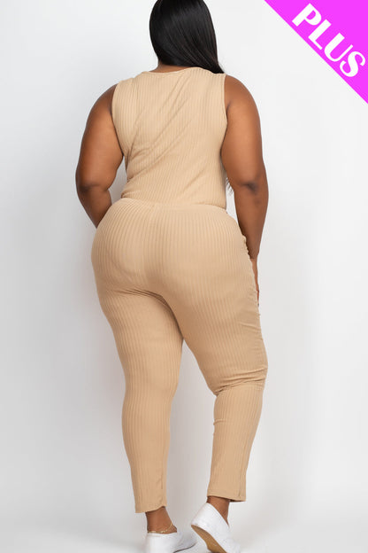 Plus Size Ribbed Sleeveless Drawstring Waist Jumpsuit (CAPELLA)