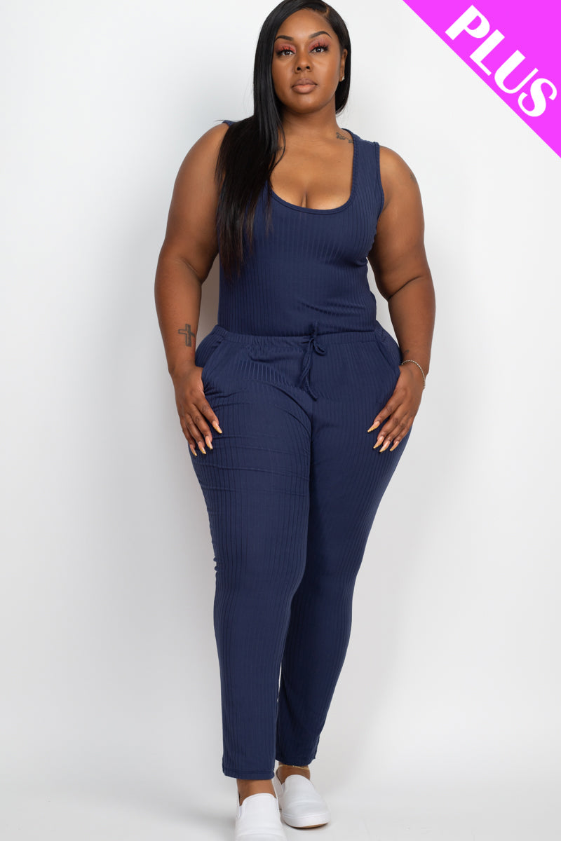 Plus Size Ribbed Sleeveless Drawstring Waist Jumpsuit (CAPELLA)