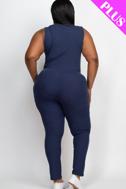 Plus Size Ribbed Sleeveless Drawstring Waist Jumpsuit (CAPELLA)