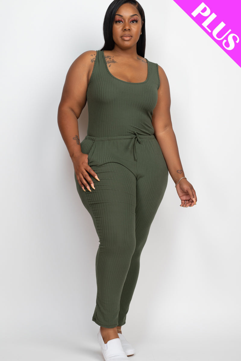 Plus Size Ribbed Sleeveless Drawstring Waist Jumpsuit (CAPELLA)