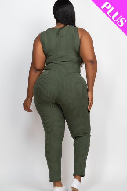 Plus Size Ribbed Sleeveless Drawstring Waist Jumpsuit (CAPELLA)