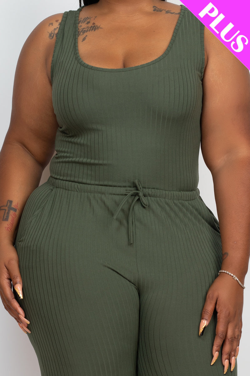 Plus Size Ribbed Sleeveless Drawstring Waist Jumpsuit (CAPELLA)