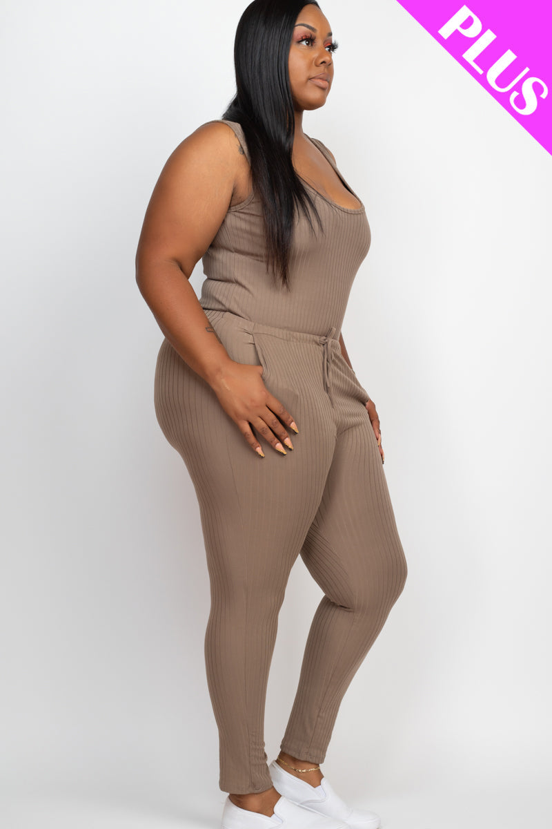 Plus Size Ribbed Sleeveless Drawstring Waist Jumpsuit (CAPELLA)