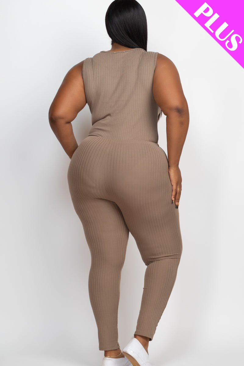 Plus Size Ribbed Sleeveless Drawstring Waist Jumpsuit (CAPELLA)
