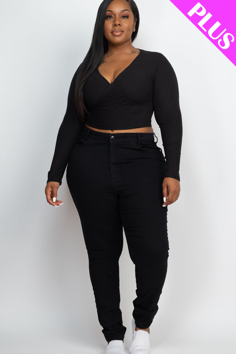 Plus Size Ribbed Wrap Front Long Sleeve Top (CAPELLA)