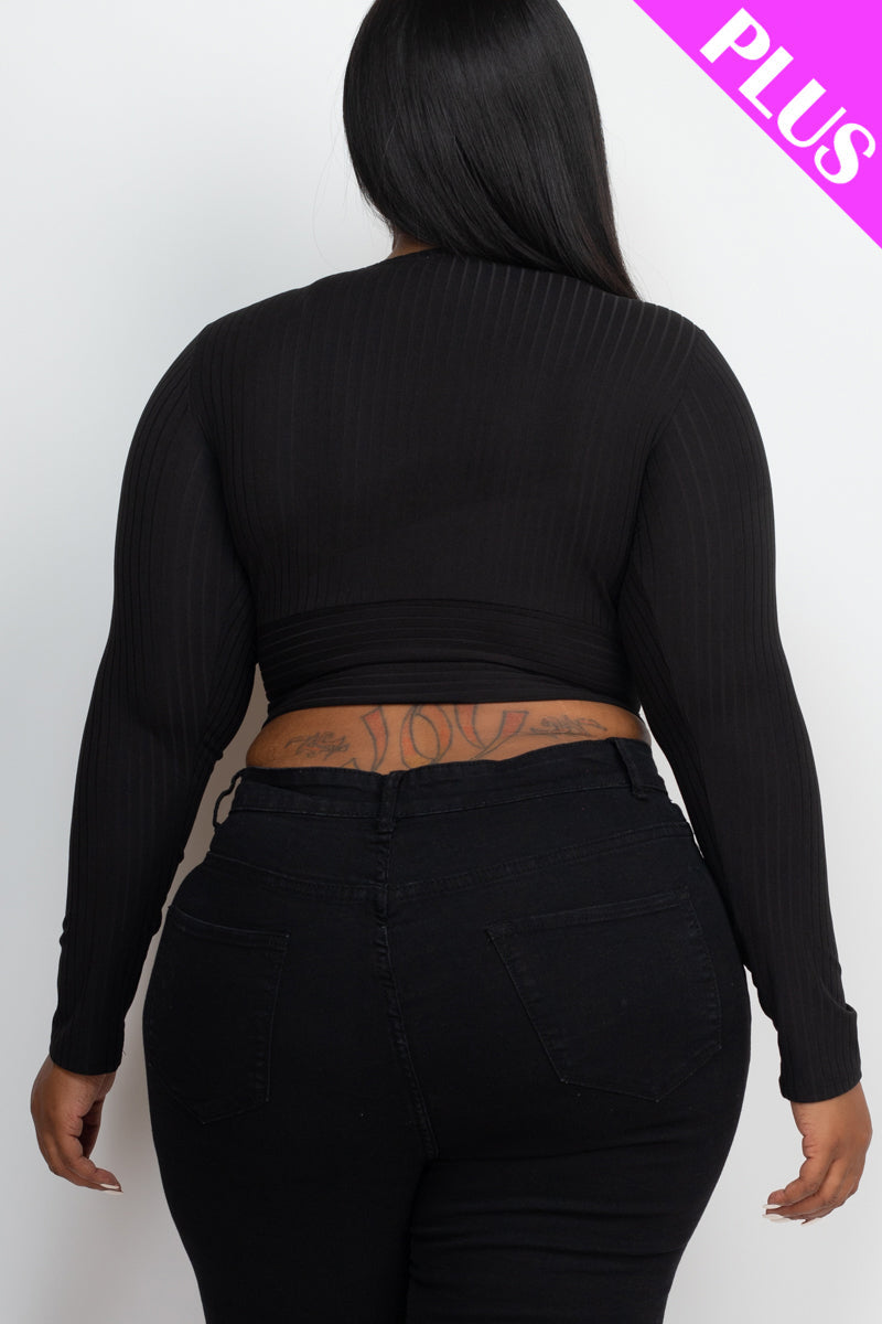 Plus Size Ribbed Wrap Front Long Sleeve Top (CAPELLA)