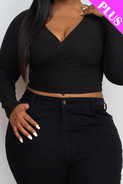 Plus Size Ribbed Wrap Front Long Sleeve Top (CAPELLA)