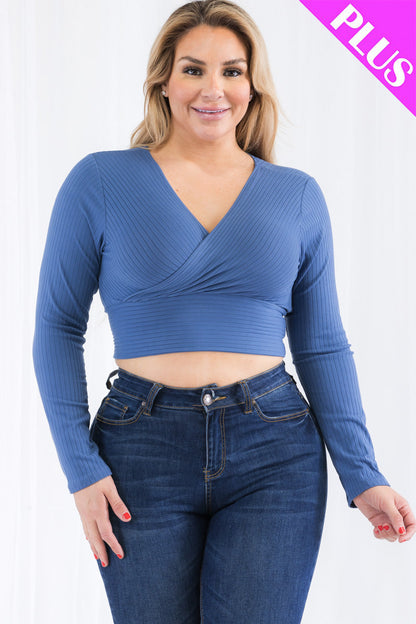 Plus Size Ribbed Wrap Front Long Sleeve Top (CAPELLA)