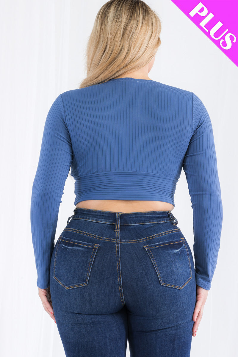 Plus Size Ribbed Wrap Front Long Sleeve Top (CAPELLA)