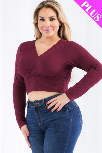 Plus Size Ribbed Wrap Front Long Sleeve Top (CAPELLA)