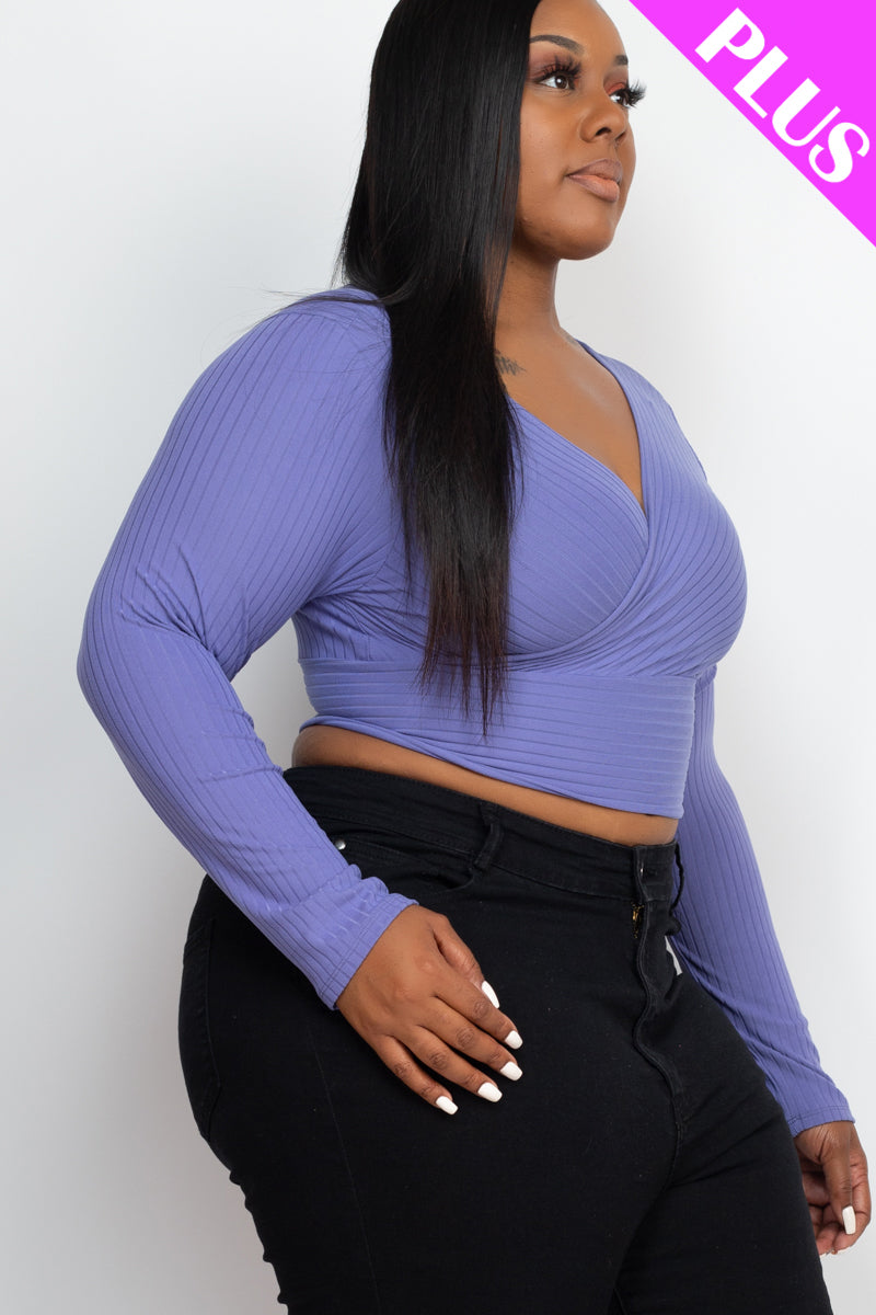 Plus Size Ribbed Wrap Front Long Sleeve Top (CAPELLA)