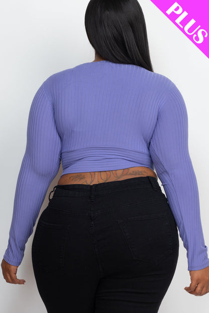 Plus Size Ribbed Wrap Front Long Sleeve Top (CAPELLA)
