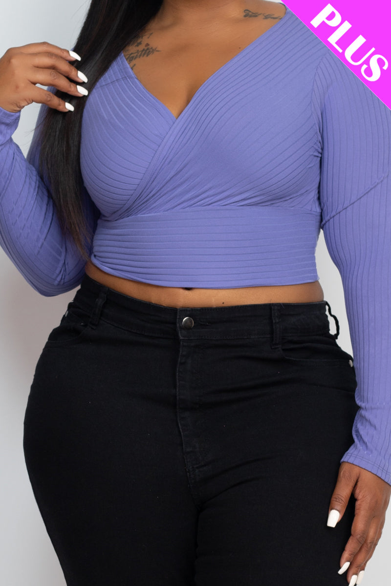 Plus Size Ribbed Wrap Front Long Sleeve Top (CAPELLA)