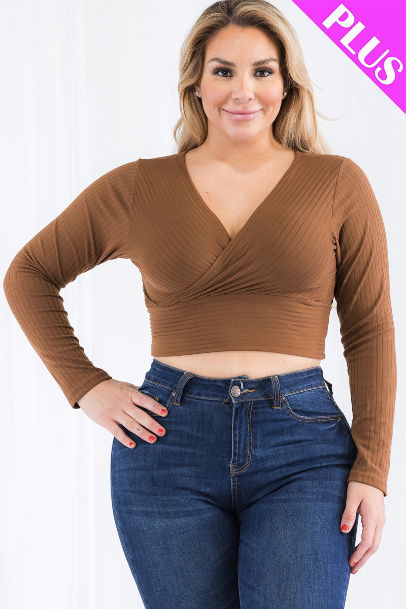 Plus Size Ribbed Wrap Front Long Sleeve Top (CAPELLA)