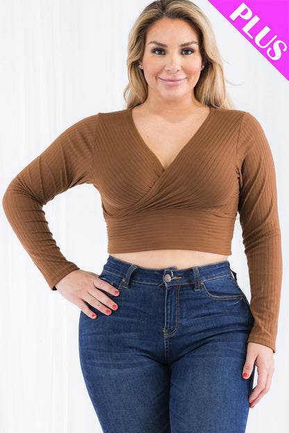 Plus Size Ribbed Wrap Front Long Sleeve Top (CAPELLA)