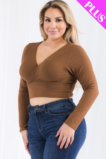 Plus Size Ribbed Wrap Front Long Sleeve Top (CAPELLA)