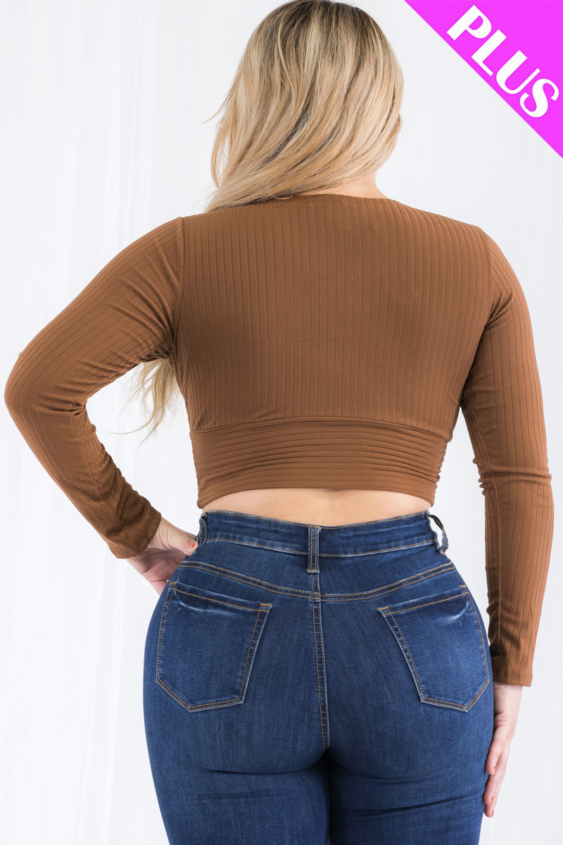 Plus Size Ribbed Wrap Front Long Sleeve Top (CAPELLA)