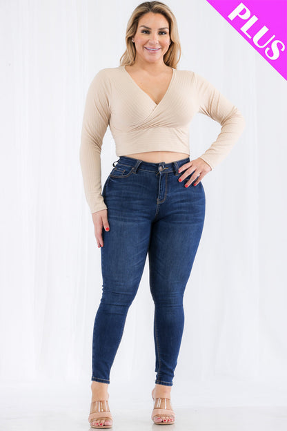 Plus Size Ribbed Wrap Front Long Sleeve Top (CAPELLA)
